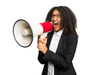 Young african american business woman holding and screaming with a megaphone isolated
