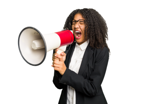 Young african american business woman holding and screaming with a megaphone isolated