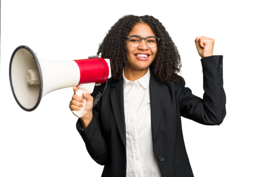 Young african american business woman holding and screaming with a megaphone isolated