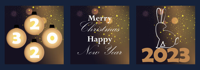 Christmas and New Year templates for postcards and posters, holiday expectations, rabbit symbol of the year, glow, bokeh