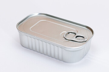 Unopened Tin Can with Blank Edge on White Background. Canned Food. Aluminum Can for Safe and Long Term Storage of Food. Steel Sealed Food Storage Container