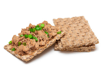 Crispy Sandwich with Chicken Pate and Green Onions Isolated on White Background - Top View. Whole Grain Bread with Liver Pate. Diet Breakfast and Healthy Food