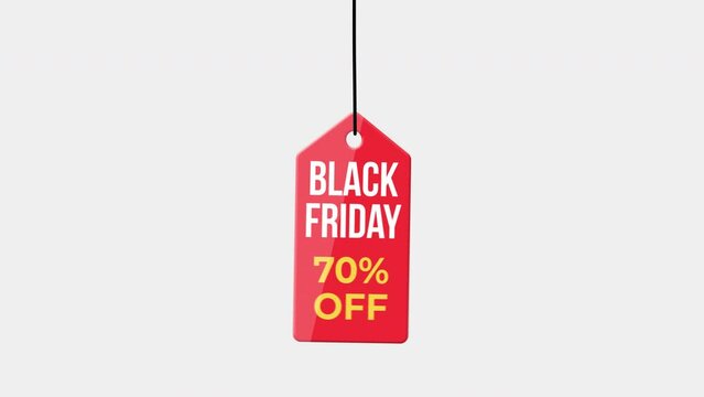 black friday Sale discount 70 percent off hanging with rope badge. paper tag label animation. Sale concept.
