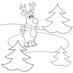 Vector coloring pages with cute deer in a scarf and skating on a skating rink. Cartoon contour illustration isolated on white background