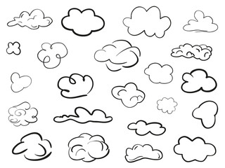 Clouds on isolation background. Doodles on white. Hand drawn line art. Black and white illustration. Sketches for artwork