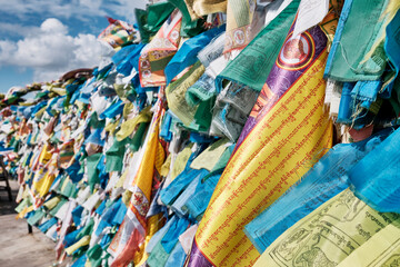Close-up buddhist ritual flags with mantras. Buddhist datsan Rinpoche Bagsha, Ulan-Ude, Russia