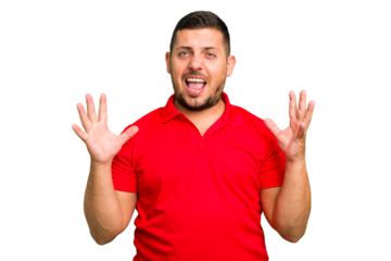 Young caucasian man isolated screaming to the sky, looking up, frustrated.