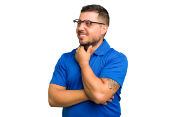 Young caucasian man isolated suffers pain in throat due a virus or infection.