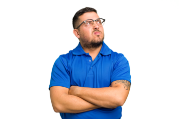 Young caucasian man isolated tired of a repetitive task.