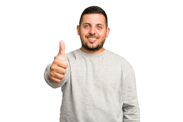 Young caucasian man isolated smiling and raising thumb up