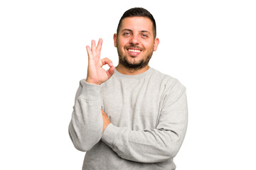 Young caucasian man isolated winks an eye and holds an okay gesture with hand.