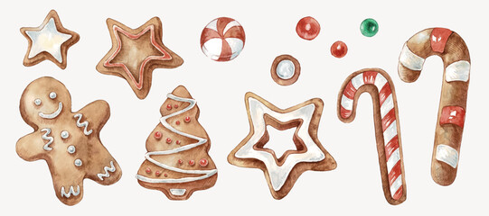 Fototapeta na wymiar Set of christmas decorations. Collection of different gingerbread cookies. Watercolor illustration of hand painted christmas cookies: man, tree,stars, candy. 