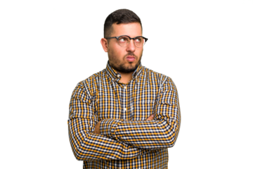 Young caucasian man isolated tired of a repetitive task.