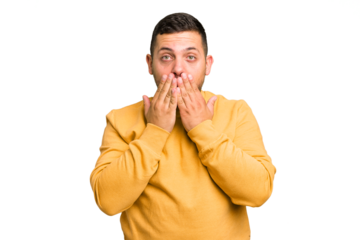 Young caucasian man isolated shocked, covering mouth with hands, anxious to discover something new.