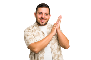 Young caucasian man isolated feeling energetic and comfortable, rubbing hands confident.