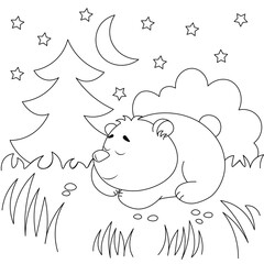Vector coloring pages with cute bear sleeping at night under a bush in a forest in a clearing. Cartoon contour illustration isolated on white background