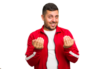 Young caucasian man isolated pointing with finger at you as if inviting come closer.