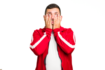 Young caucasian man isolated whining and crying disconsolately.