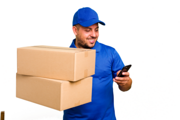 Delivery caucasian man delivering packages and using his mobile phone isolated