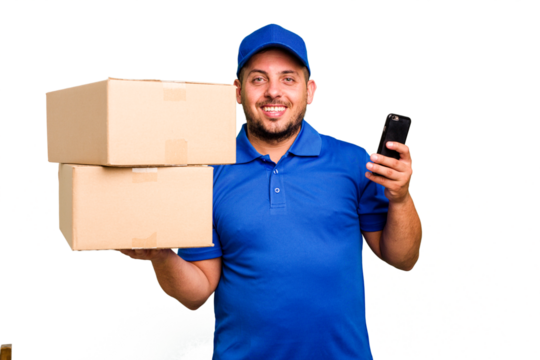 Delivery caucasian man delivering packages and using his mobile phone isolated