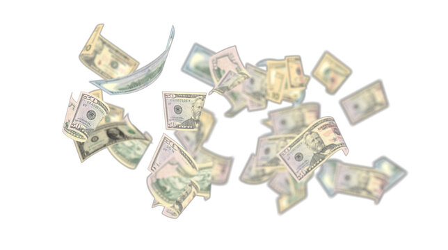 100 dollar bills flying on white background