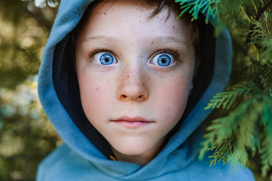 Surprised child in hoodie in forest