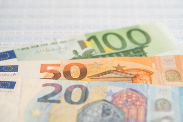 Euro banknotes on spreadsheet paper, Banking Account, Investment Analytic research data economy, trading, Business company concept.