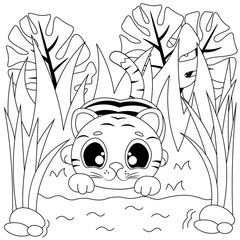 Vector coloring pages with cute tiger cub at the waterhole. Cartoon contour illustration isolated on white background