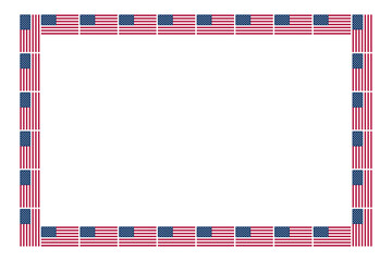 Rectangle frame, with American flag pattern. Decorative rectangular border, made of repeated, vertical and horizontal arranged national flags of the United States. Isolated illustration over white.
