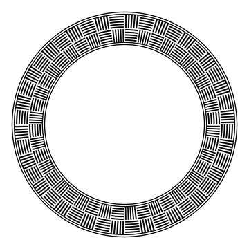 Circle frame, with woven pattern, a weave motif, made of two rows of horizontal and vertical alternating arranged stripes, bordered by circles. Black and white illustration, isolated over white. Vecto