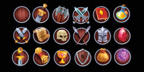 RPG game icon, vector UI circle wooden button set, warrior helmet, skull, fantasy medieval weapon. Ancient fight kit, knight steel sword, magic crystal, viking spear. RPG game interface frame object © Oleksandra