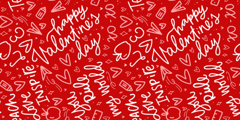 Teacher quotes, love theme background for Valentine's day. Vector seamless pattern print design with heart, pencil, paper plane and apple clipart in red and white colors.