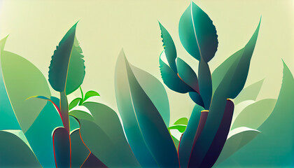 Abstraction. Green leaves, different shapes, on a light background.