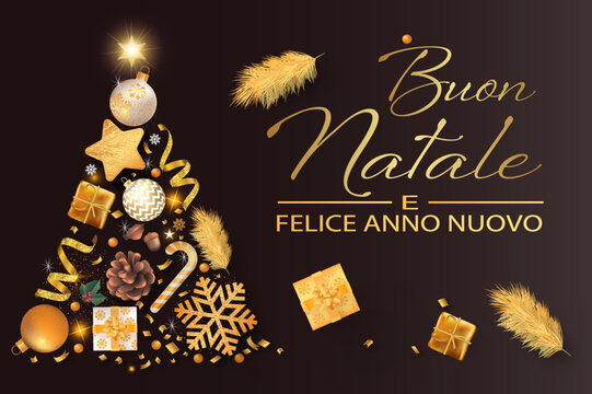biglietto o striscione per augurare Buon Natale e Felice Anno Nuovo in oro su sfondo nero con albero formato da una palla di Natale, streamer, abete, stella, regali, bastoncino di zucchero, coriandoli