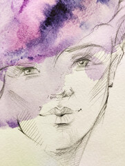 Female abstract portrait. Fashion girl. Head of a woman. Beautiful face. Girl's face Watercolor