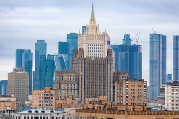 Stalin's high-rise on the background of Moscow City in Moscow