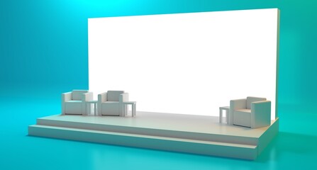 Empty stage design for mockup and corporate identity, display. Platform elements in hall. Blank screen system for graphic Resources. Scene event led night light staging. 3d rendering for online.