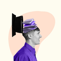 Creative conceptual design. Man with graduation hat with books inside symbolizing professional knowledges. Growing information