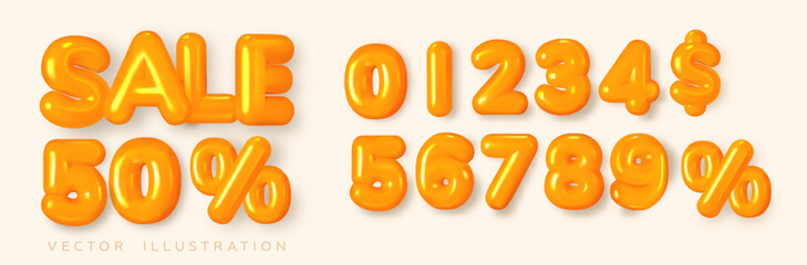 Discount sale volumetric header, 3d letters and numbers. Inflated, isolated, orange balloons. Banner with any discount. Vector illustration