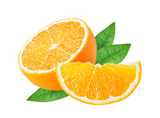 Orange citrus fruit isolated on white or transparent background. Two orange fruits cut half and slice with green leaves