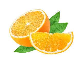 Rolgordijnen Orange citrus fruit isolated on white or transparent background. Two orange fruits cut half and slice with green leaves © Olesia