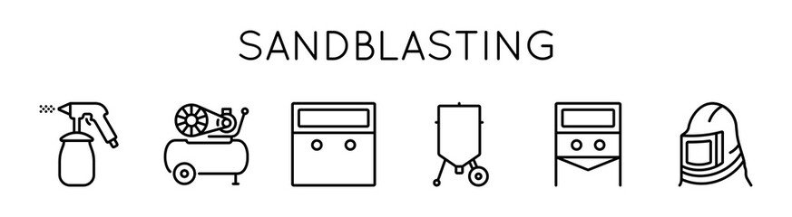 Sandblasting icons set. Presented camera, pistol, mask, container. For web design and internet. - obrazy, fototapety, plakaty