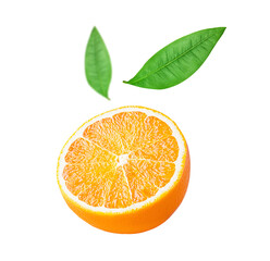 Orange citrus fruit isolated on white or transparent background. One cut half of orange fruit with green leaves