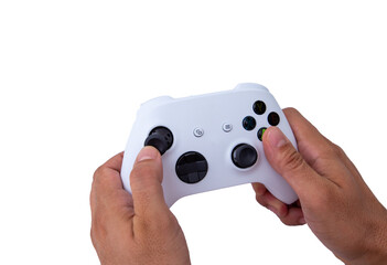 White controller of new video game console. On white background.