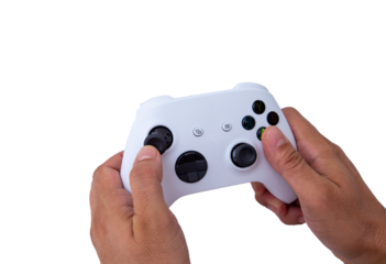 White controller of new video game console. On white background.