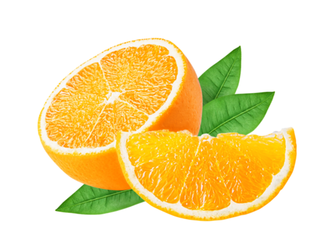 Orange citrus fruit isolated on white or transparent background. Two orange fruits cut half and slice with green leaves