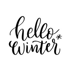 Naklejka premium Hello winter - Christmas typography, handwriting lettering. Holidays greeting card. Xmas text calligraphy style. Christmas festive design element. Isolated white background. Happy New Year season.