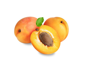 Apricots isolated on white or transparent background. Three apricot fruits whole and cut half with...