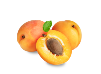 Apricots isolated on white or transparent background. Three apricot fruits whole and cut half with green leaves
