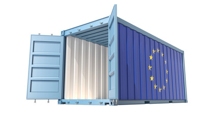 Cargo Container with open doors and European Union flag design. 3D Rendering